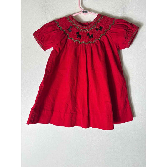 Girls Vintage Red Corduroy Smocked Dress with Embroidered Dogs dress Sz 6m