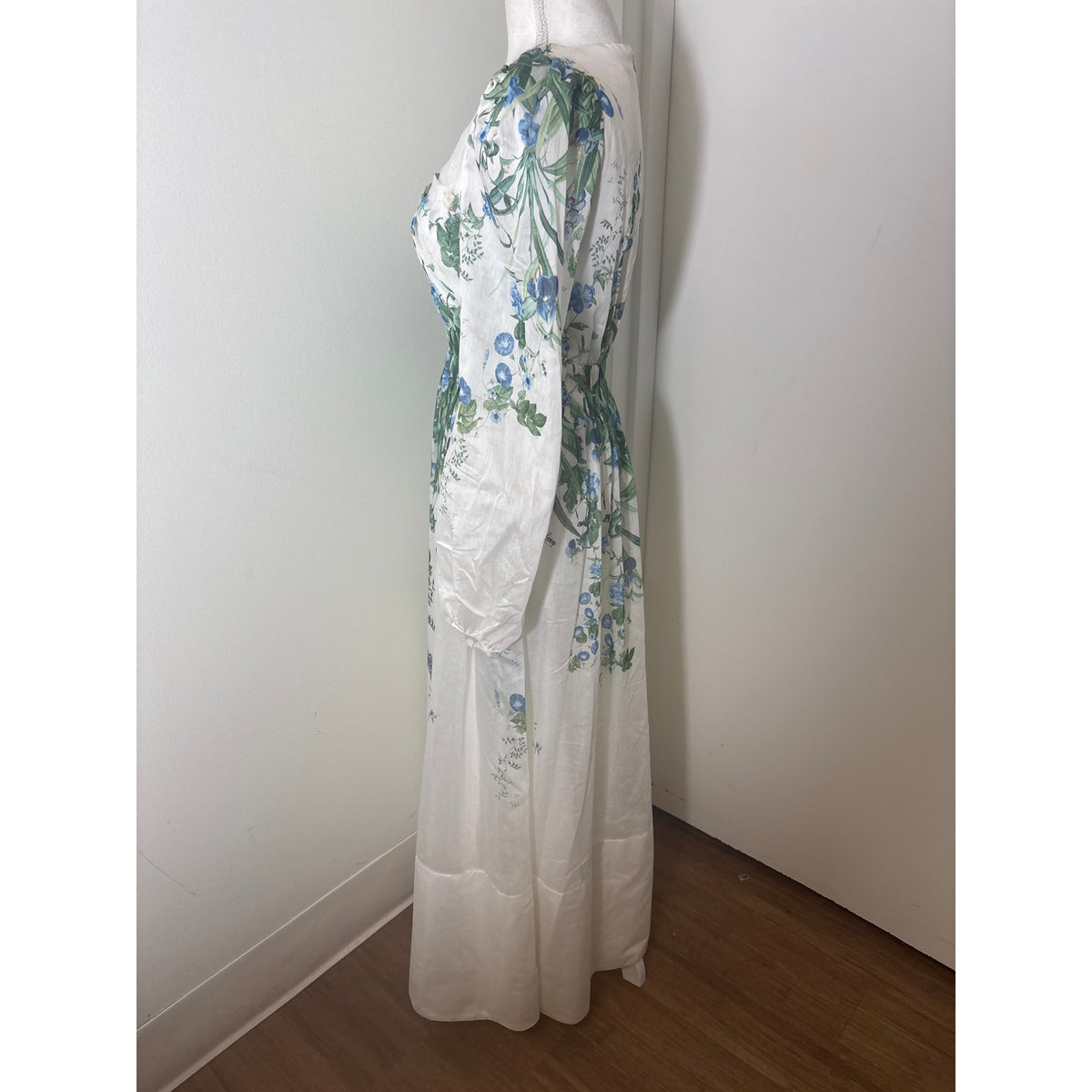 Sheike White Green Floral Long Sleeve Maxi Dress Sz 8