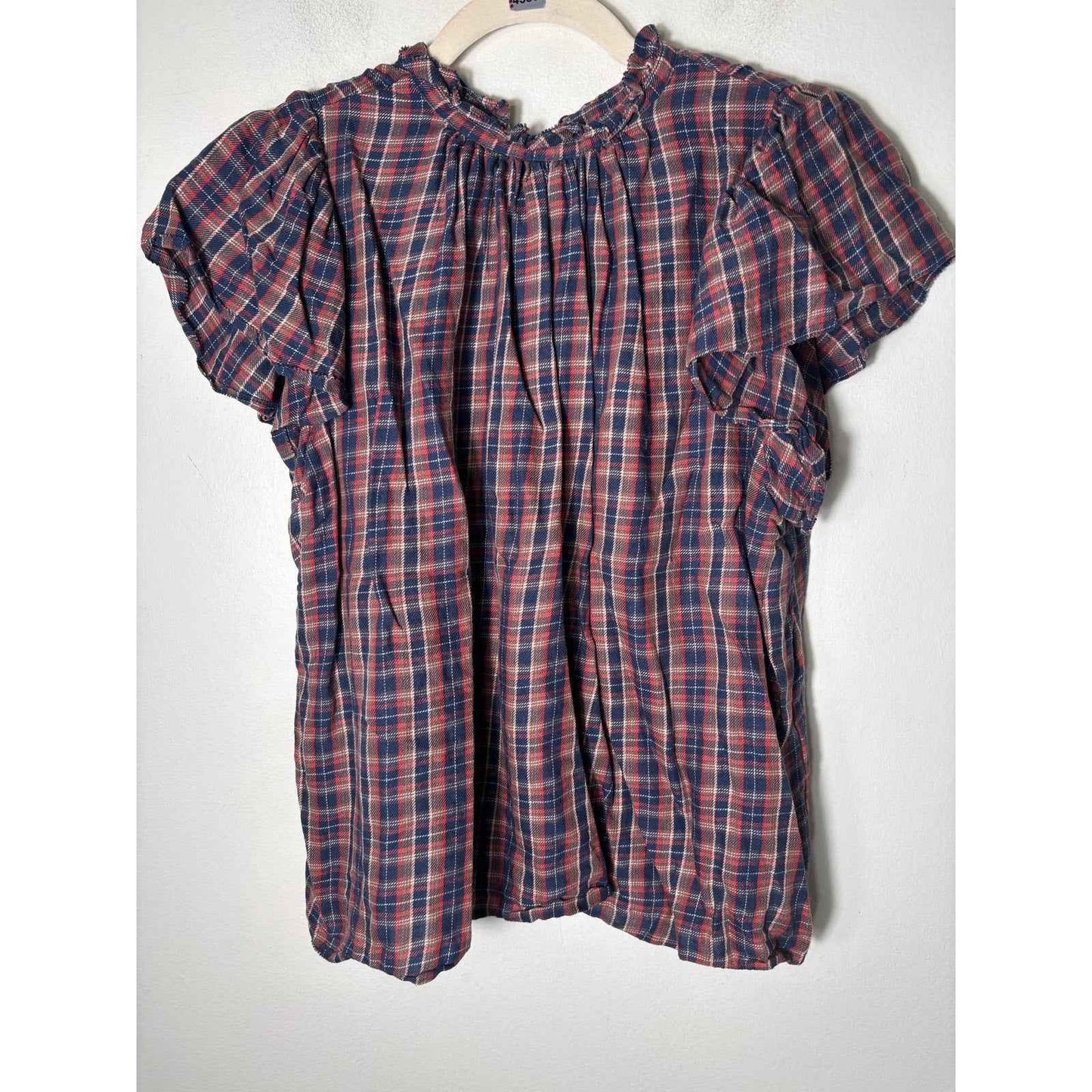 Travota Birds of Paradise Blue Tan Pink Plaid Flutter Sleeve Cotton Blend Top S