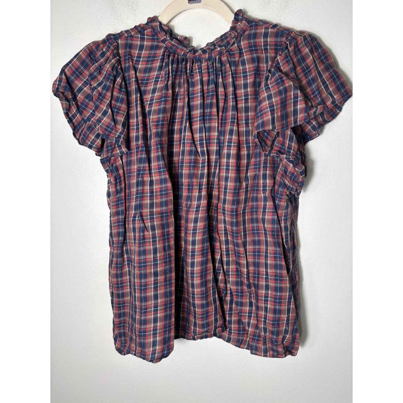 Travota Birds of Paradise Blue Tan Pink Plaid Flutter Sleeve Cotton Blend Top S