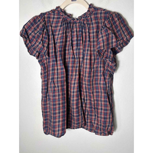 Travota Birds of Paradise Blue Tan Pink Plaid Flutter Sleeve Cotton Blend Top S