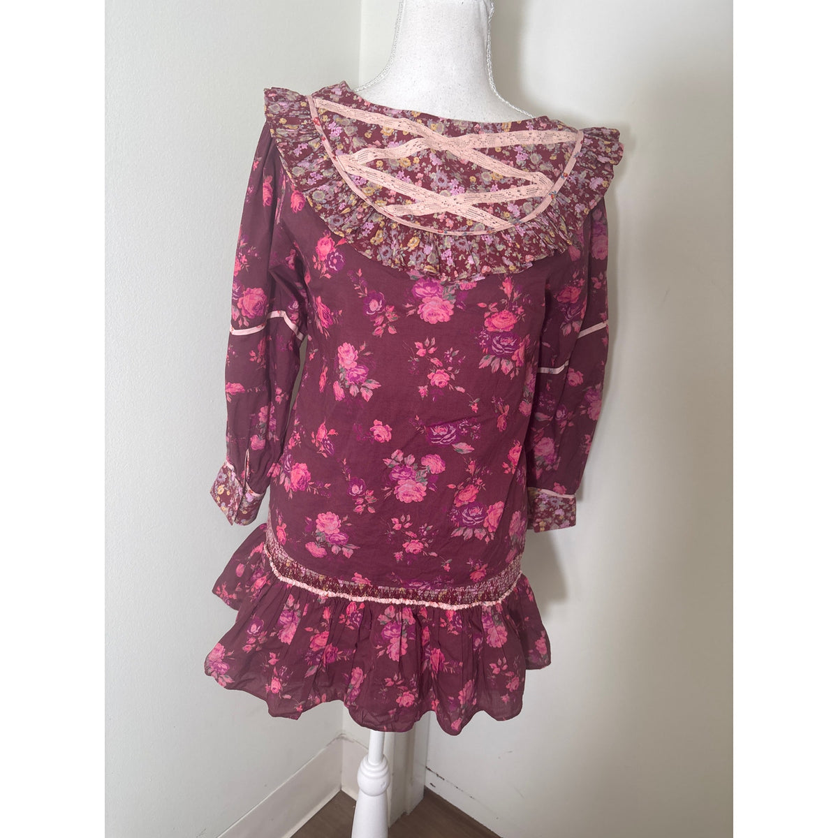 Loveshack Fancy Maroon Floral Cotton Skirt and Top Set Sz S