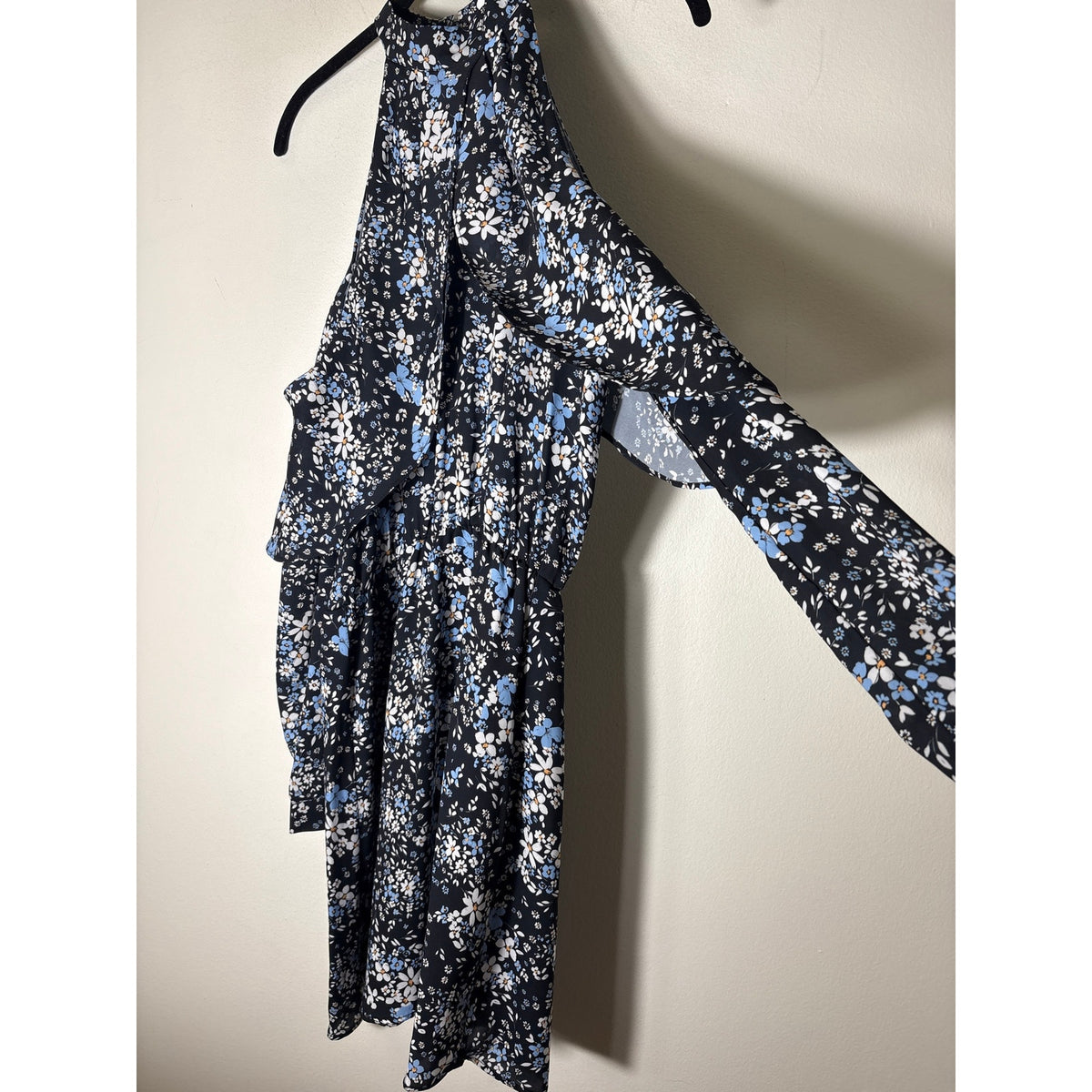 Parker Black Blue Floral Long Sleeve Cold Shoulder Mini Dress Sz S