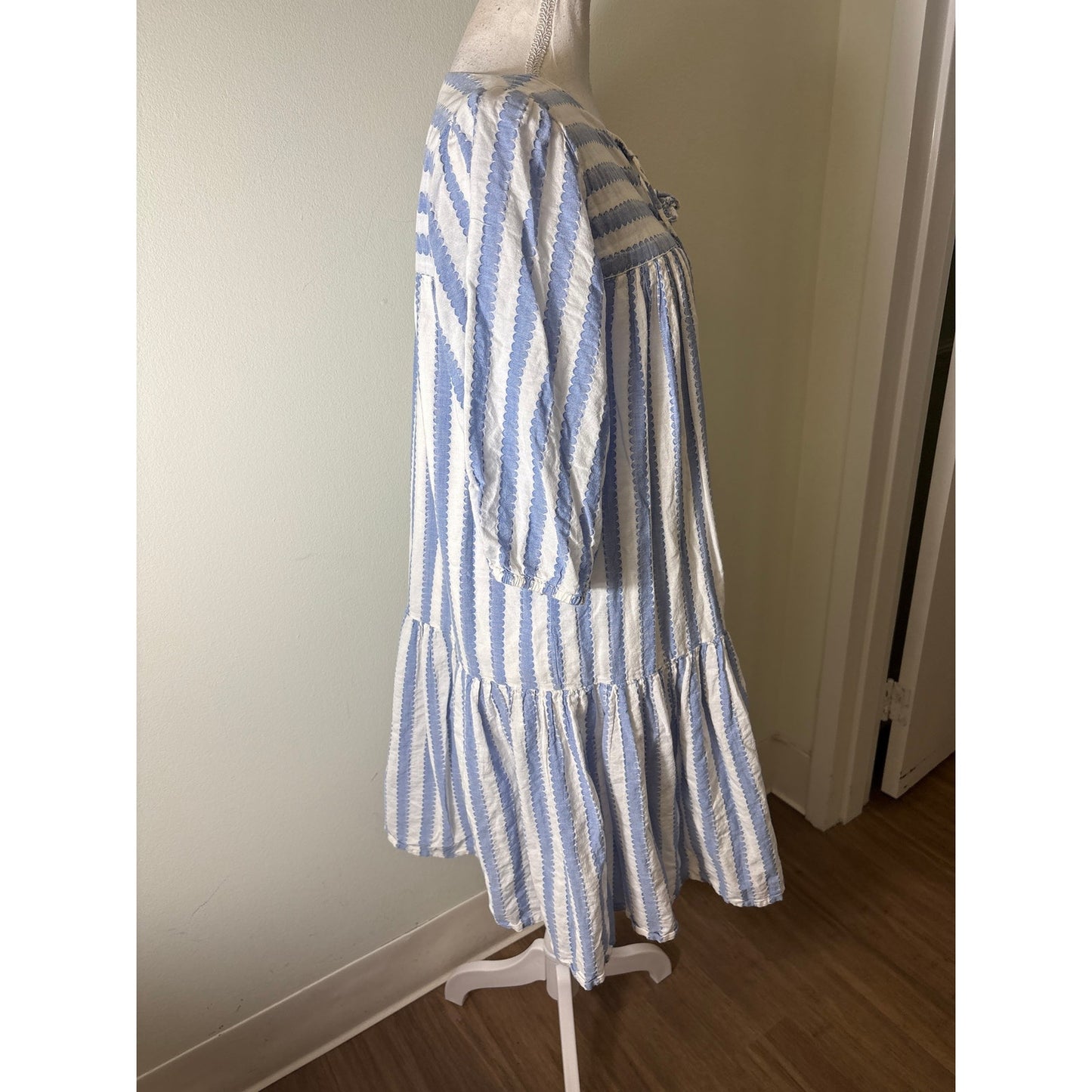 India Collection by Emerson Fry Blue and White Drop Waist Tiered Dress Sz M/L