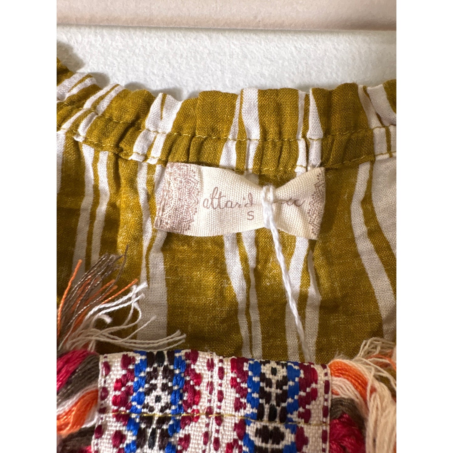 Alter'd State Chartreuse Stripe Short Sleeve Fringed Cotton Top Sz S