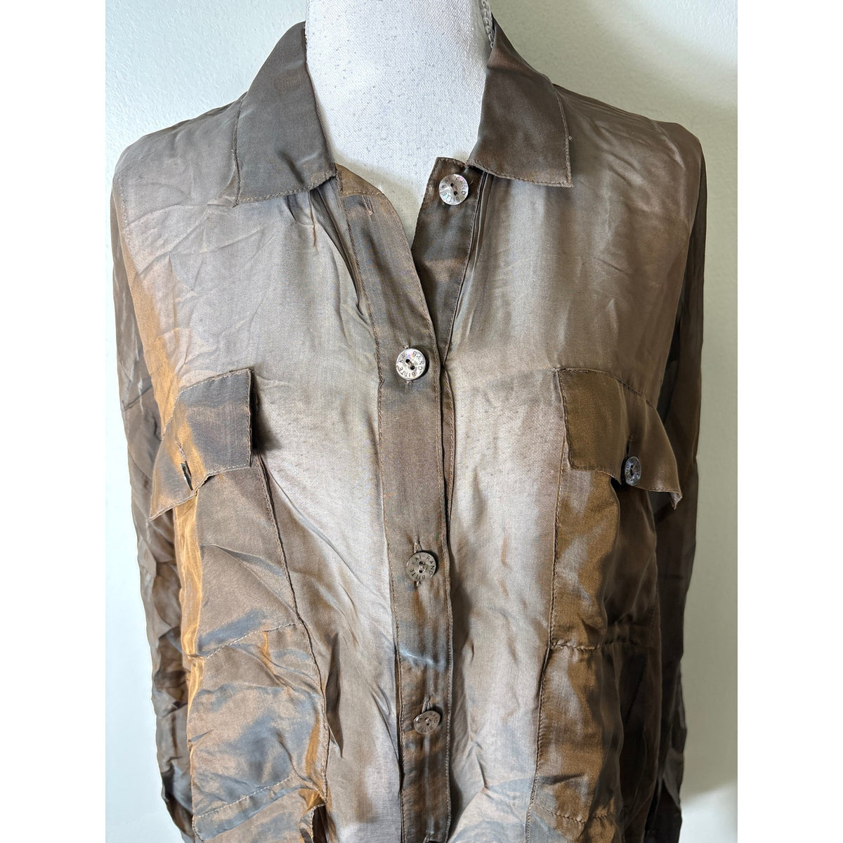 Britte Kai Rand Brown Sheer Button Up Blouse Sz M