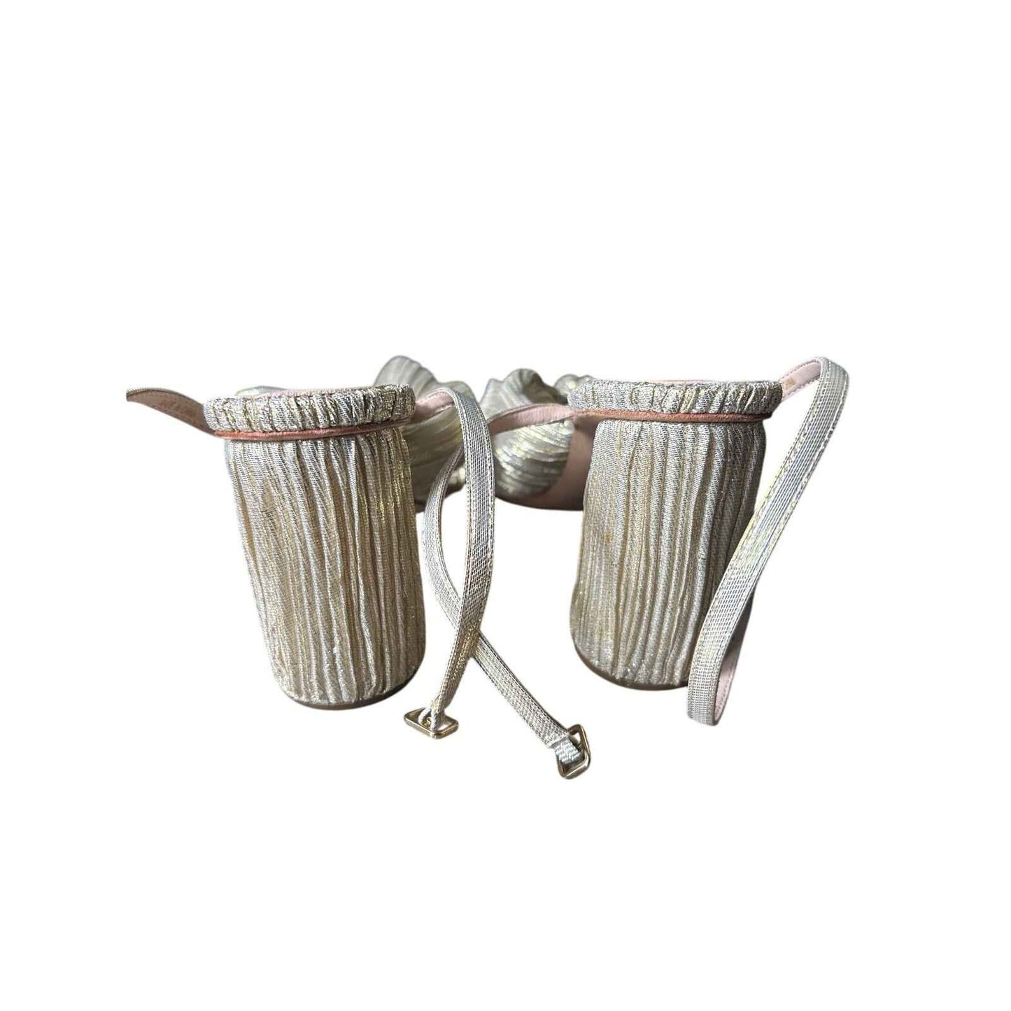 Loeffler Randall Gold Fabric High 3" Heel Bow Sandal Sz 7