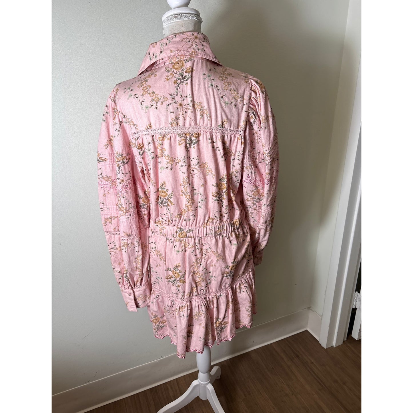 Love Shack Fancy Pink Floral Long Sleeve Knee Length Dress Sz XL