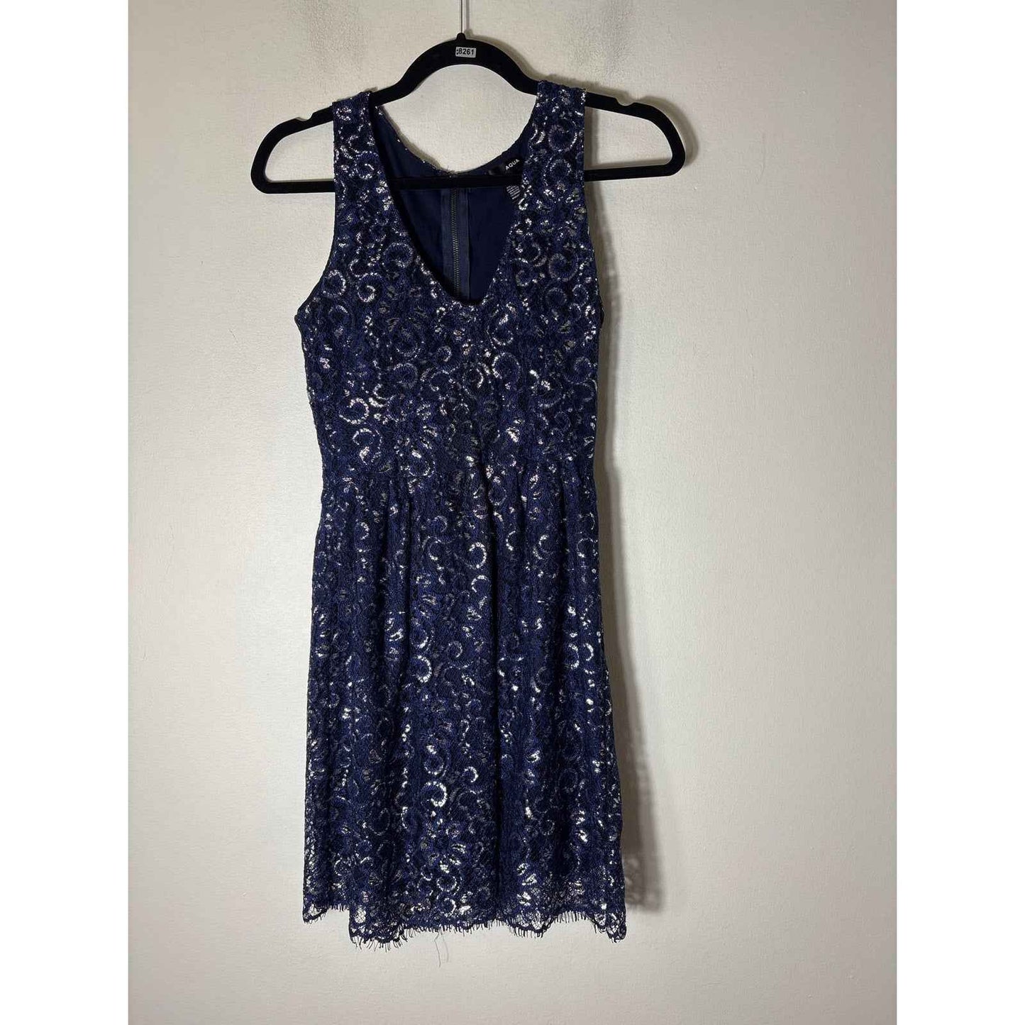 Aqua Navy and Silver Lace V Neck Cocktail Dress Sz XS