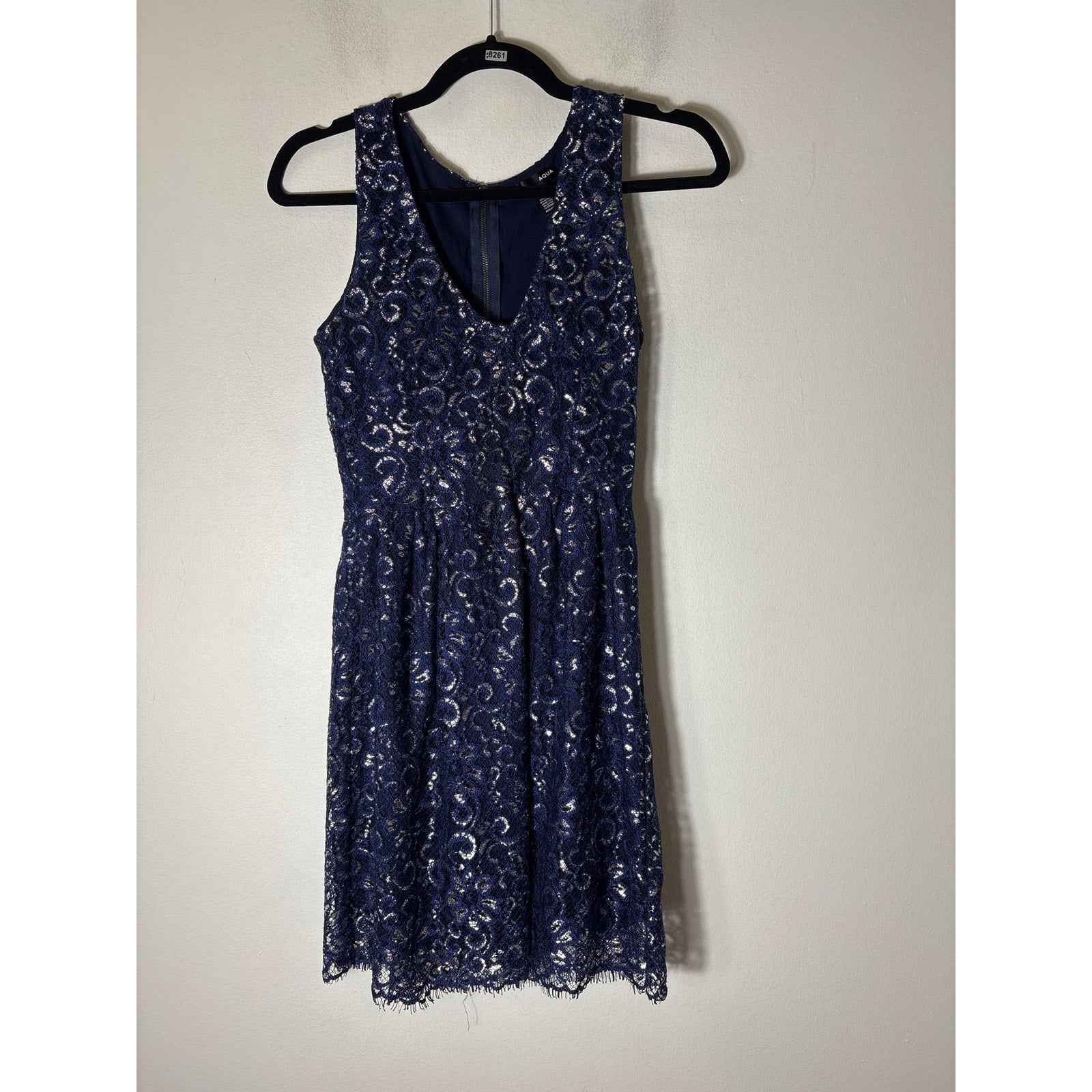 Aqua Navy and Silver Lace V Neck Cocktail Dress Sz XS
