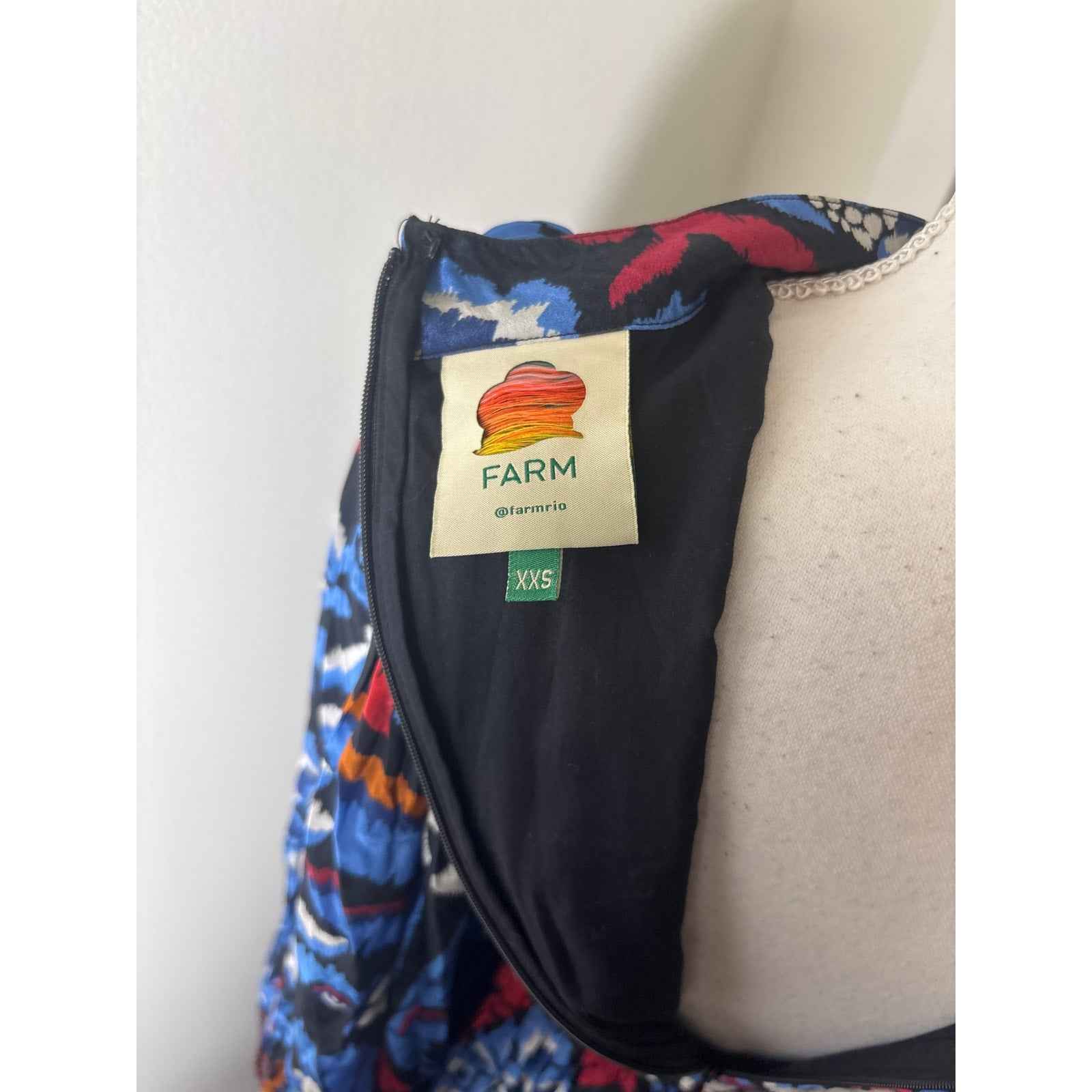 Farm Rio Blue Black and Red Tucan Flowy Maxi Dress Sz XXS