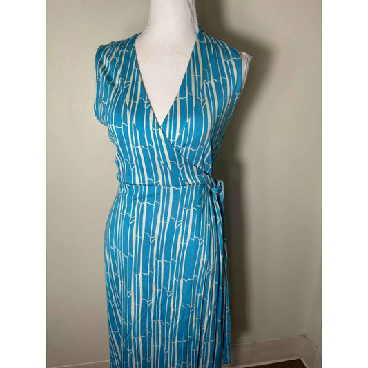Diane VonFurstenburg Teal/White Bamboo Wrap Sleeveless Dress Sz 8
