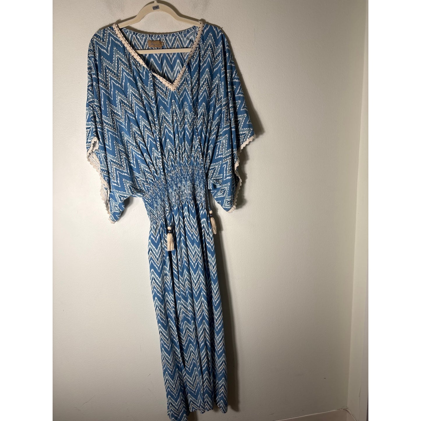 Skemo Blue Ikat Print Beaded Maxi Dress Sz M