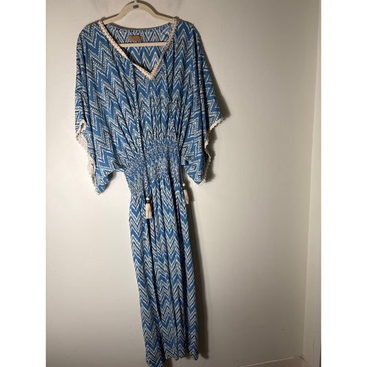 Skemo Blue Ikat Print Beaded Maxi Dress Sz M