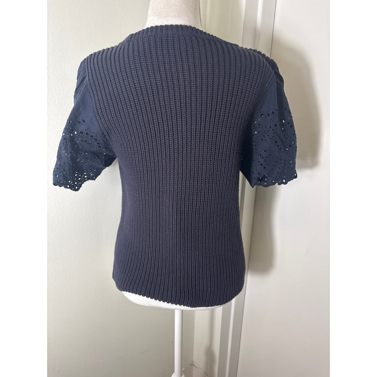 Lilla P Navy Sweater With Eyelet Flutter Sleeve Top Sz L