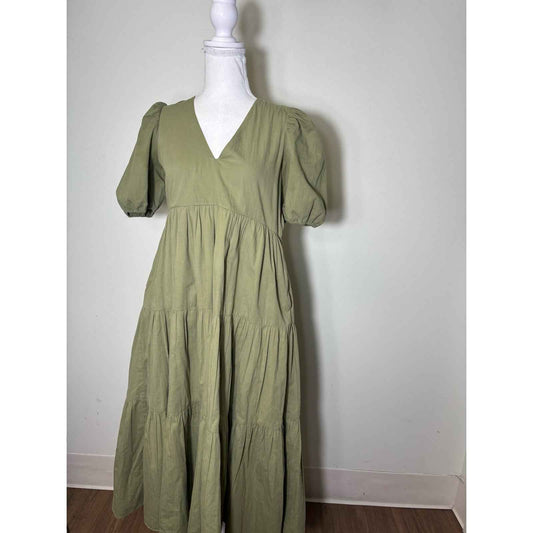 Hyacinth House Hunter Green Puff Sleeve V-Neck Cotton Maxi Dress Sz XS