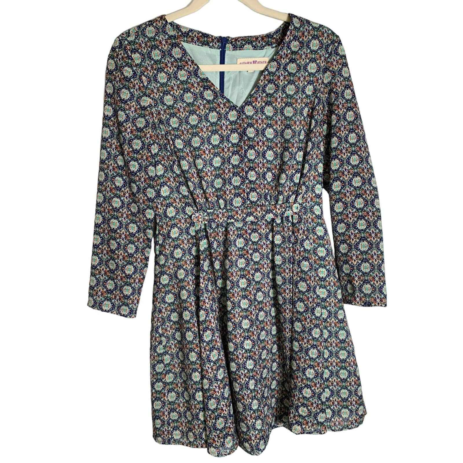 Altar'd State Printed A-Line Long Sleeve Mini Dress Sz S