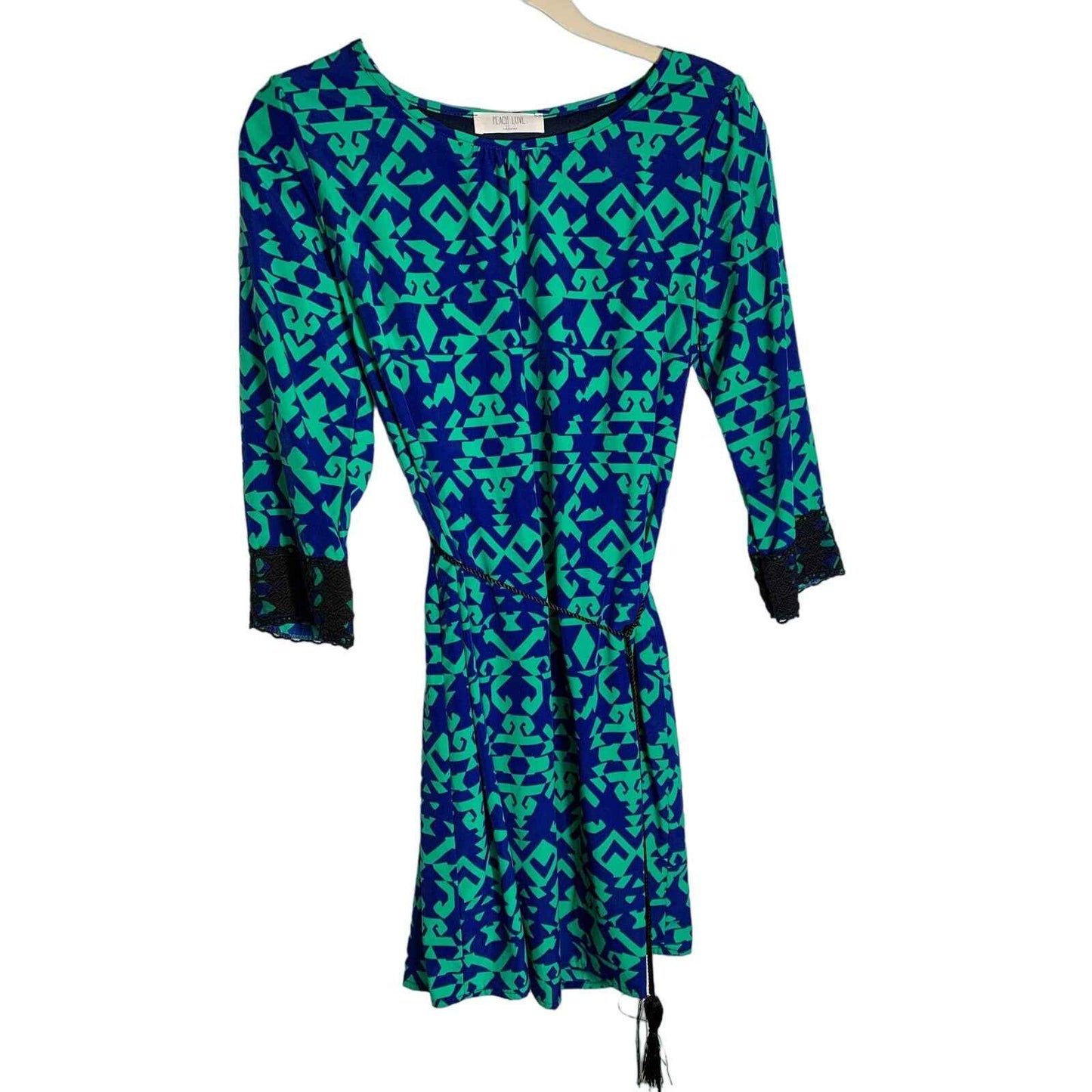 Peach Love California Blue Green 3/4 Sleeve Belted Shift Dress Sz S