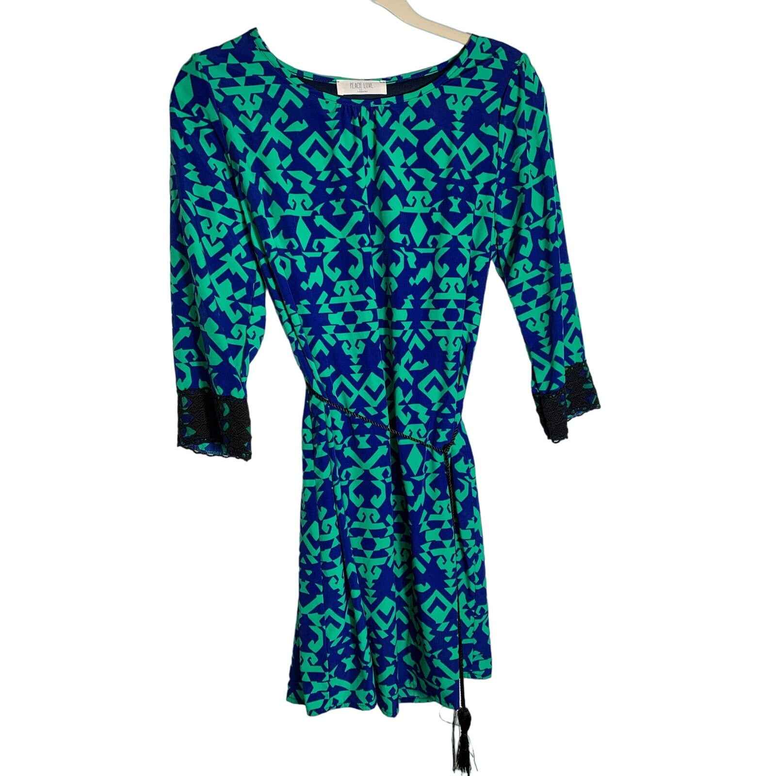 Peach Love California Blue Green 3/4 Sleeve Belted Shift Dress Sz S